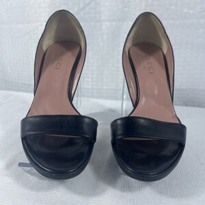 7179: Gucci Black Leather Open Toe D’Orsay Pumps Size 36.5C Made in Italy